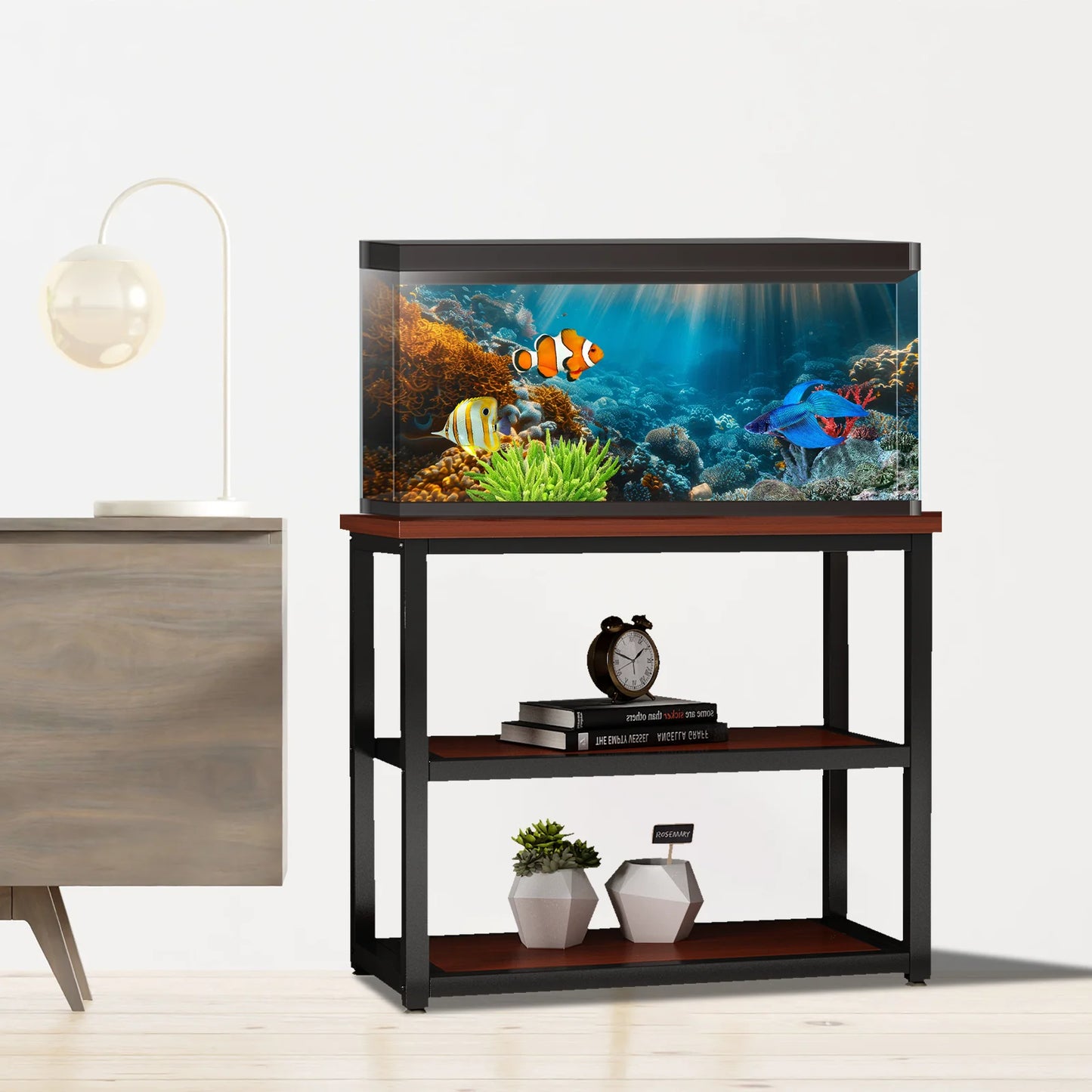 20-29 Gallon Metal Fish Tank Stand, 3-Tier Aquarium Stand Storage Shelf, Black Teakwood Brown, 31.5"L X 17.72"W X 27.56"H