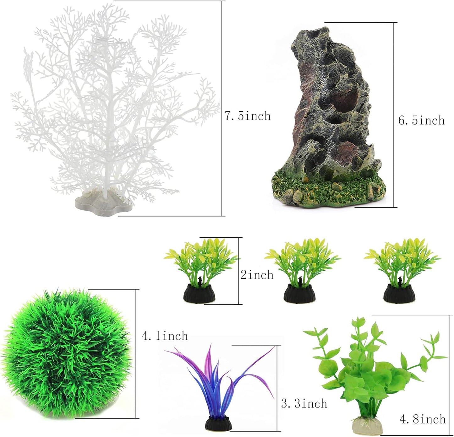 Aquarium Cave Rock with Plastic Plants Decorations Decor Set, Small and Large Fish Tank Artificial Plants with Rock for Betta (Cu89White-11Pcs)
