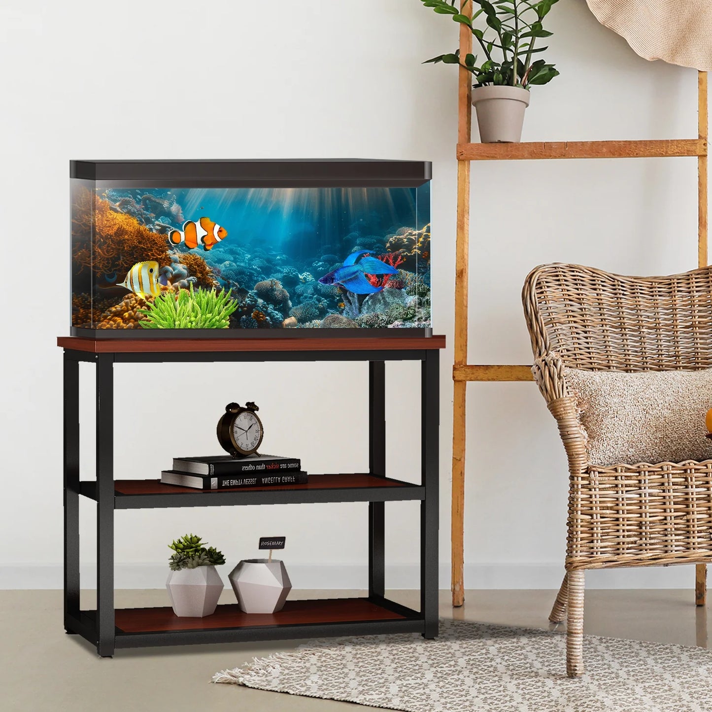 20-29 Gallon Metal Fish Tank Stand, 3-Tier Aquarium Stand Storage Shelf, Black Teakwood Brown, 31.5"L X 17.72"W X 27.56"H
