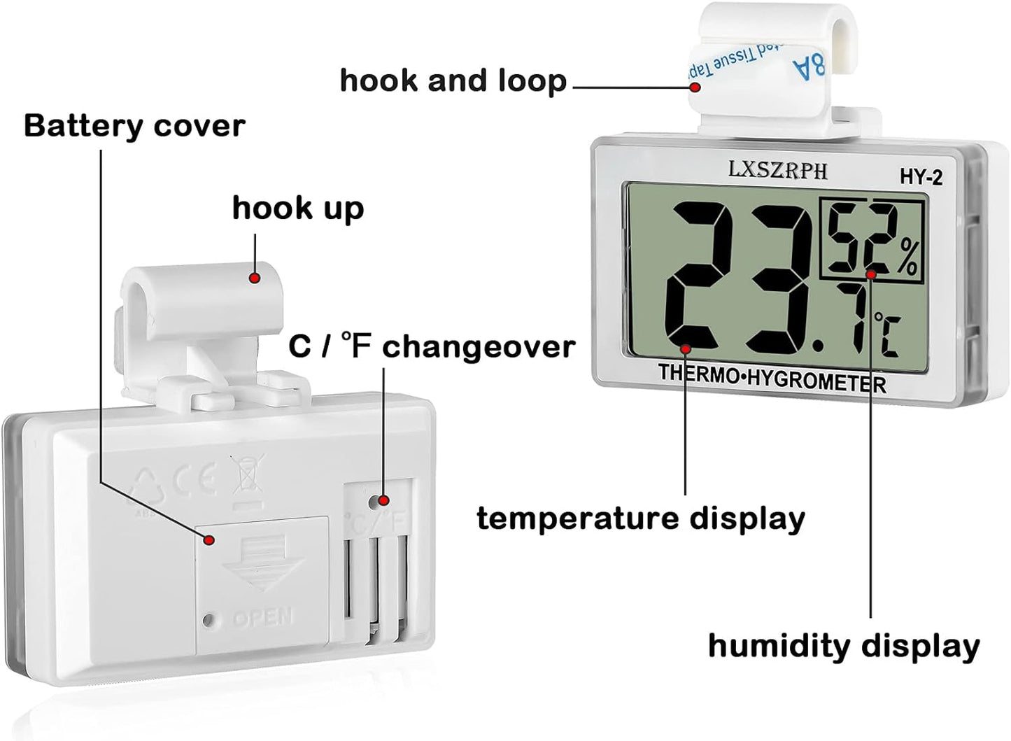 Reptile Hygrometer Thermometer, Digital Amphibian Hygrometer Thermometer with Hook Temperature Humidity Meter Gauge for Reptile Tanks, Terrariums, Vivarium, LCD Display 1Pack