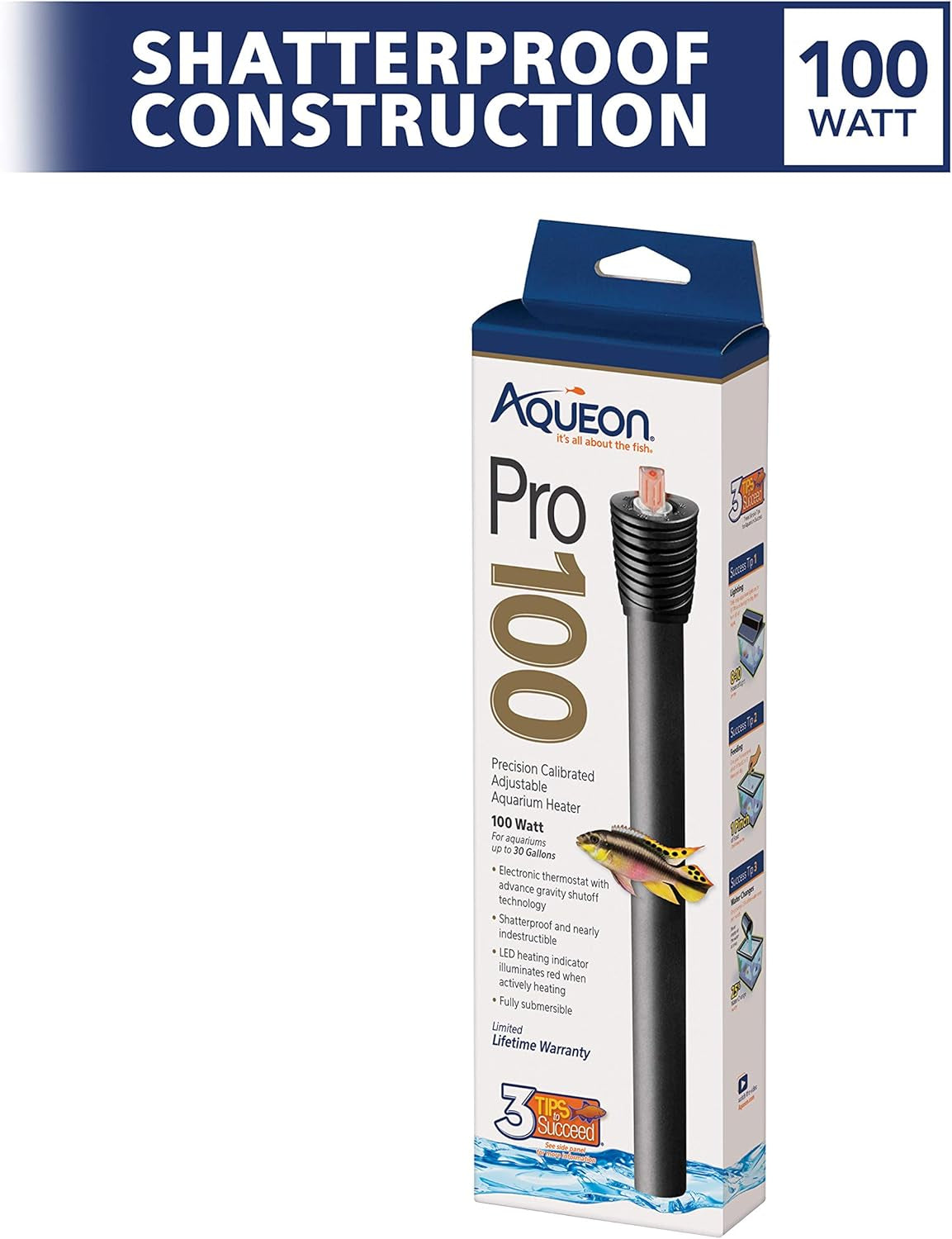 Pro 100 Submersible Aquarium Fish Tank Heater, 100 Watts, for up to 30 Gallon Fish Tanks