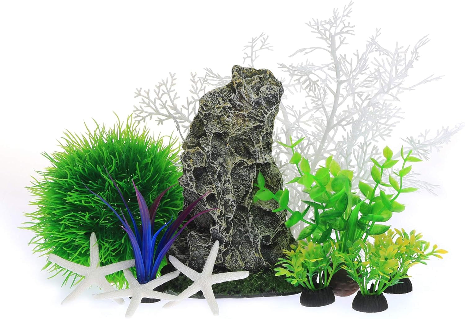 Aquarium Cave Rock with Plastic Plants Decorations Decor Set, Small and Large Fish Tank Artificial Plants with Rock for Betta (Cu89White-11Pcs)