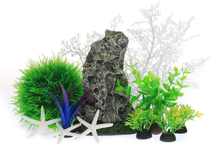 Aquarium Cave Rock with Plastic Plants Decorations Decor Set, Small and Large Fish Tank Artificial Plants with Rock for Betta (Cu89White-11Pcs)
