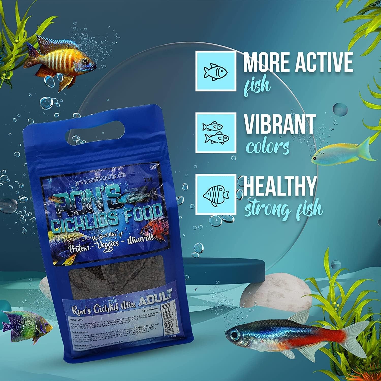 African Cichlid Fish Food, Premium Tropical Fish Food Pellets with Protein, Veggies & Fruits for Healthier, Brighter & Bigger Tropical Fish & Cleaner Tanks, Mbuna Blend, 8 OZ