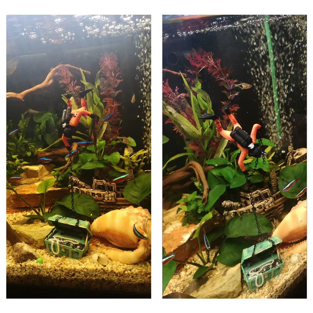 Treasure Chest Fish Tank Decorations Treasure Hunter Aquarium Decoration Accessories Diver Action Figure Fish Tank Ornament