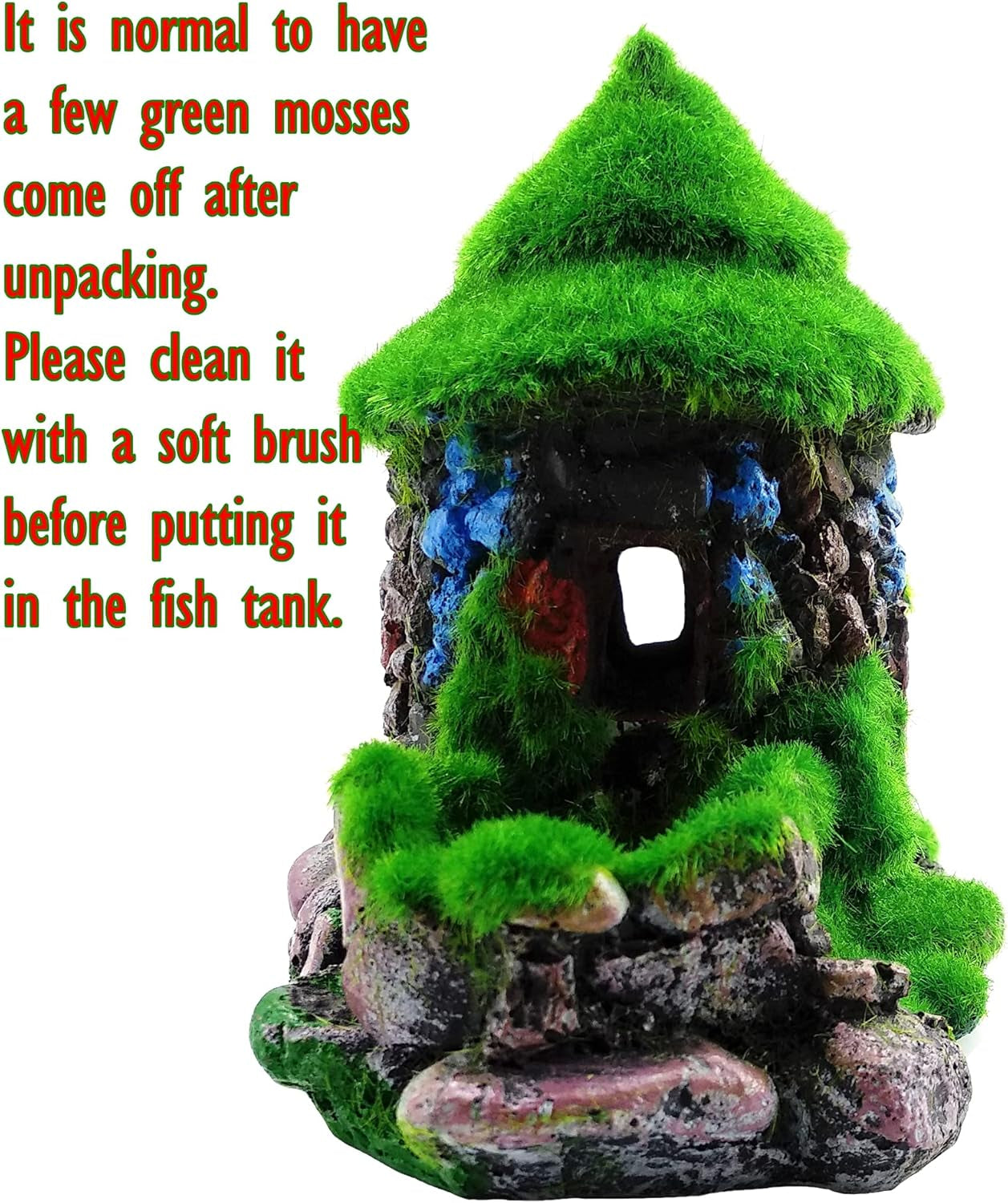 Aquarium Decorations Fish Hideout House Betta Cave with Green Lifelike Moss (Style 1)