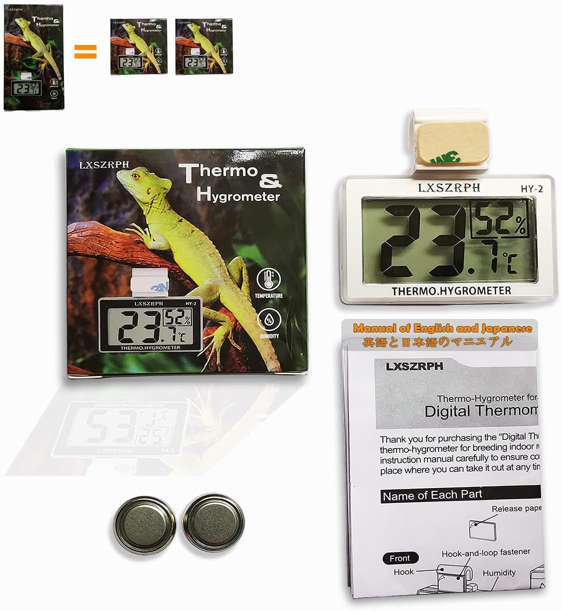 Reptile Hygrometer Thermometer, Digital Amphibian Hygrometer Thermometer with Hook, Temperature Humidity Meter Gauge for Reptile Tanks, Terrariums, Vivarium, LCD Display (2 Packs)