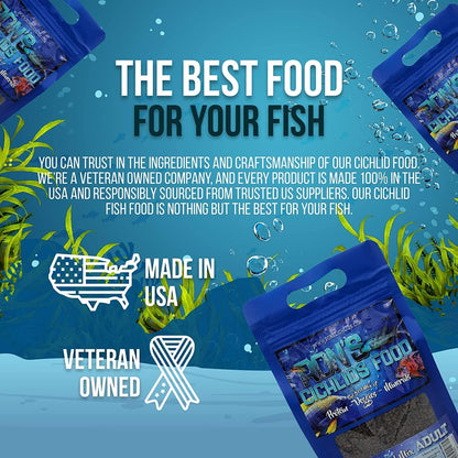 African Cichlid Fish Food, Premium Tropical Fish Food Pellets with Protein, Veggies & Fruits for Healthier, Brighter & Bigger Tropical Fish & Cleaner Tanks, Mbuna Blend, 8 OZ