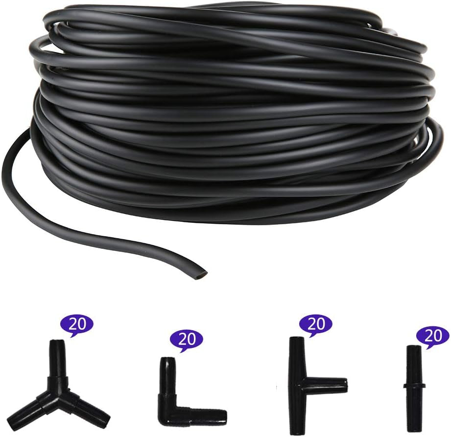 Aquarium 100 Feet Standard 3/16" Black Flexible Airline Tubing with Black Plastic Connectors for Fish Tank,Terrariums, and Hydroponics