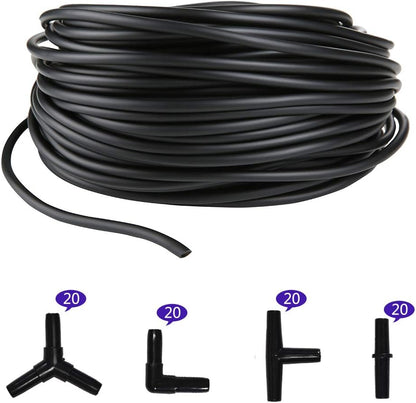 Aquarium 100 Feet Standard 3/16" Black Flexible Airline Tubing with Black Plastic Connectors for Fish Tank,Terrariums, and Hydroponics