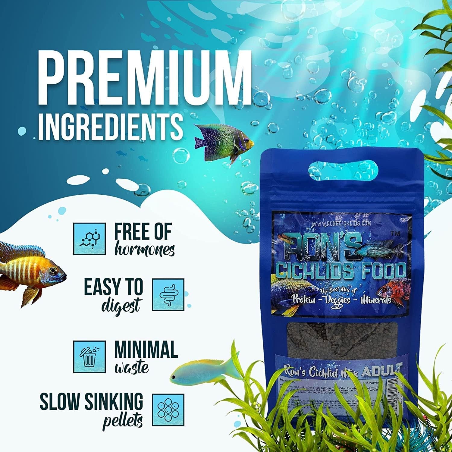 African Cichlid Fish Food, Premium Tropical Fish Food Pellets with Protein, Veggies & Fruits for Healthier, Brighter & Bigger Tropical Fish & Cleaner Tanks, Mbuna Blend, 8 OZ