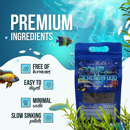 African Cichlid Fish Food, Premium Tropical Fish Food Pellets with Protein, Veggies & Fruits for Healthier, Brighter & Bigger Tropical Fish & Cleaner Tanks, Mbuna Blend, 8 OZ