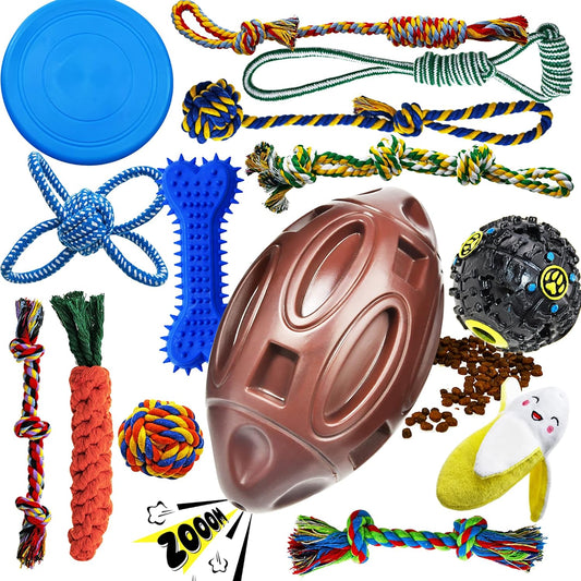 Dog Chew Toys for Puppies Teething, 14 Pack Puppy Chew Toys Tug of War Dog Toy Bundle Chew Ball Dog Squeaky Toys Iq Treat Ball Rubber Bone Puppy Teething Chew Toys Small Dog Puppy Toys