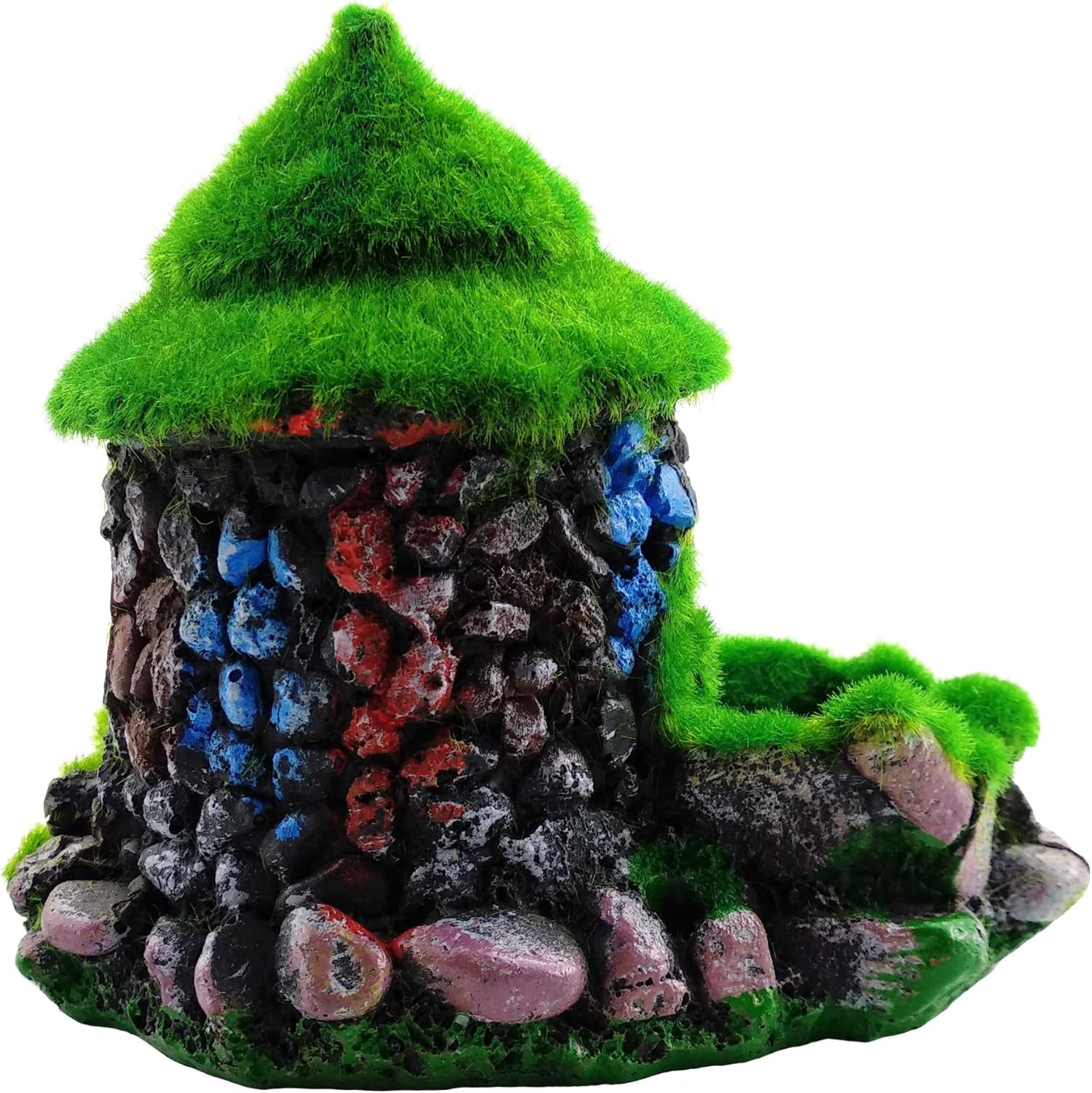 Aquarium Decorations Fish Hideout House Betta Cave with Green Lifelike Moss (Style 1)
