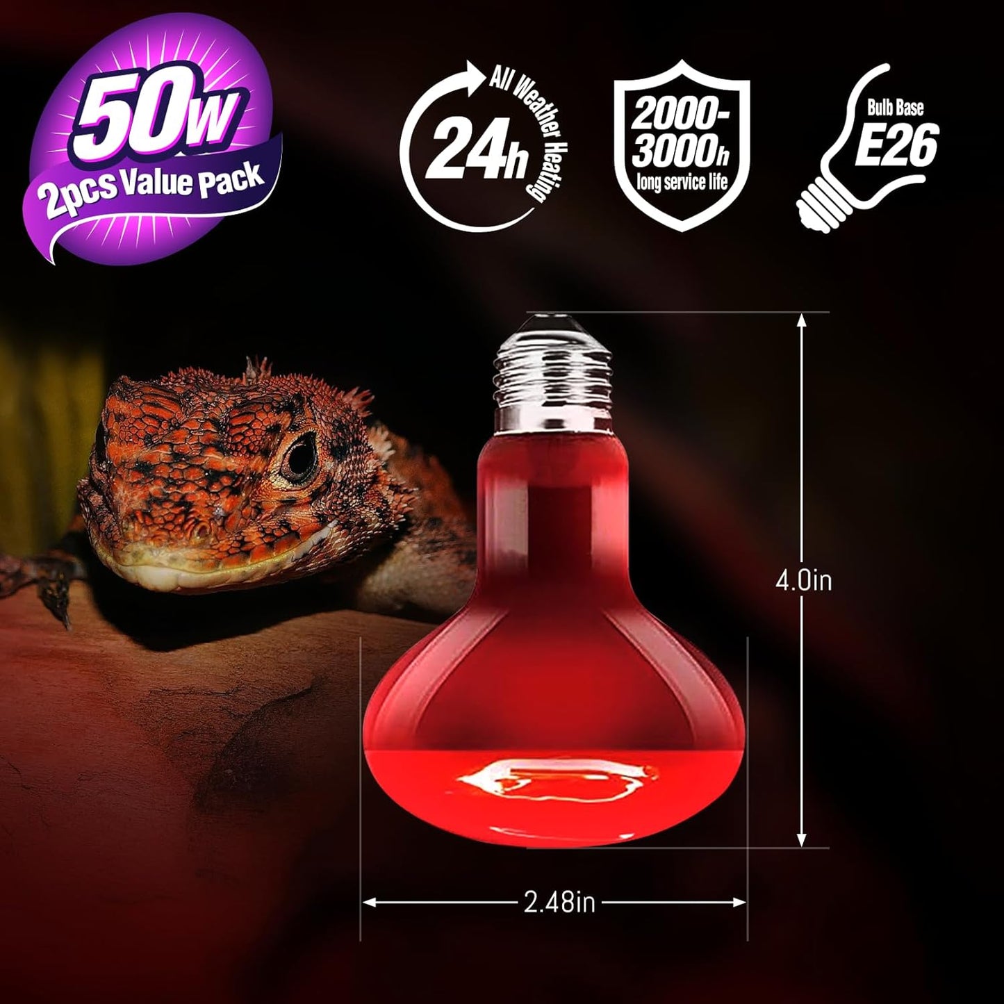 2-Pack 50W Infrared Heat Lamp Red Night Light Bulbs for Reptile Terrariums