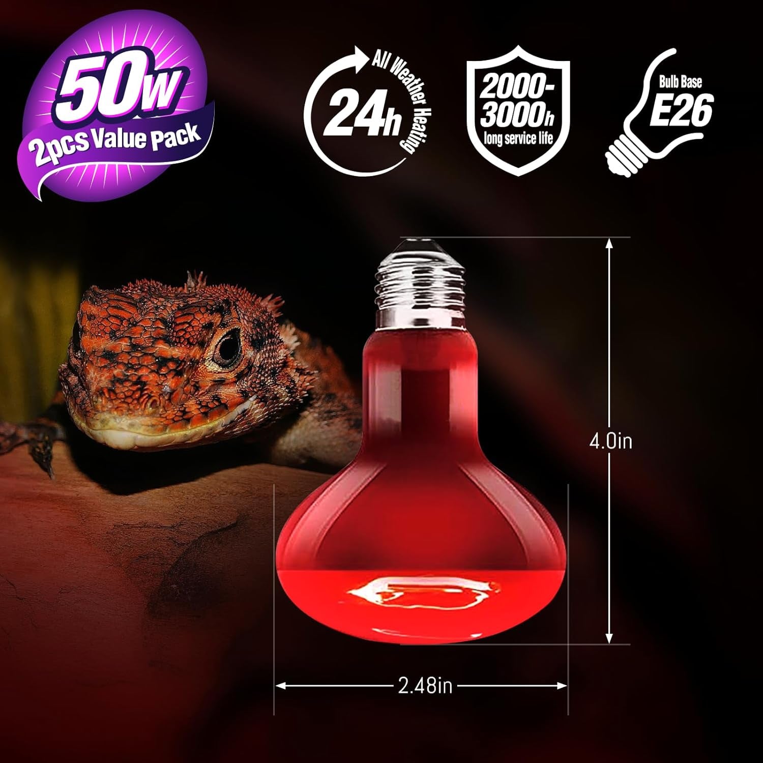 2-Pack 50W Infrared Heat Lamp Red Night Light Bulbs for Reptile Terrariums