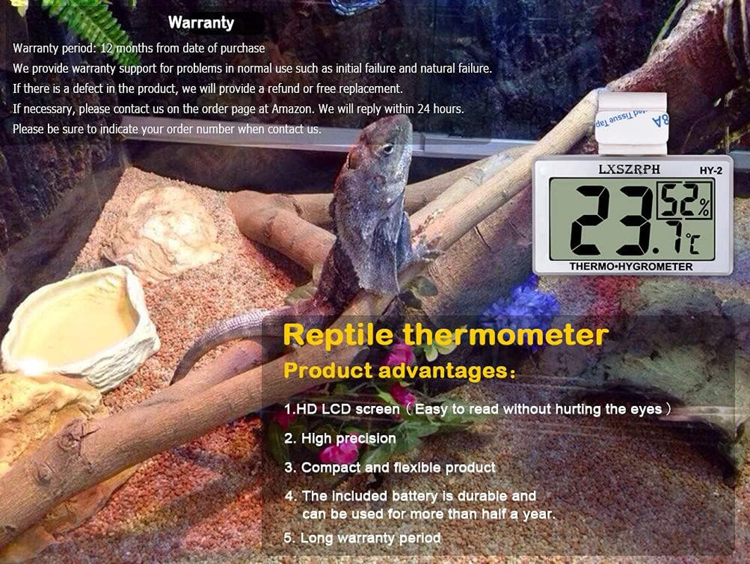 Reptile Hygrometer Thermometer, Digital Amphibian Hygrometer Thermometer with Hook, Temperature Humidity Meter Gauge for Reptile Tanks, Terrariums, Vivarium, LCD Display (2 Packs)