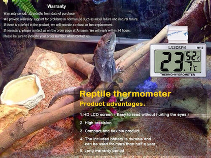Reptile Hygrometer Thermometer, Digital Amphibian Hygrometer Thermometer with Hook Temperature Humidity Meter Gauge for Reptile Tanks, Terrariums, Vivarium, LCD Display 1Pack