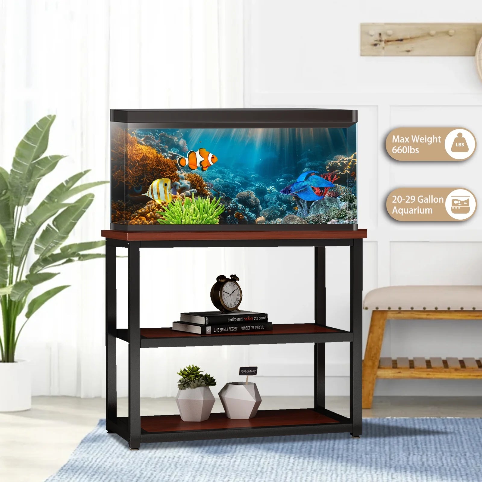 20-29 Gallon Metal Fish Tank Stand, 3-Tier Aquarium Stand Storage Shelf, Black Teakwood Brown, 31.5"L X 17.72"W X 27.56"H