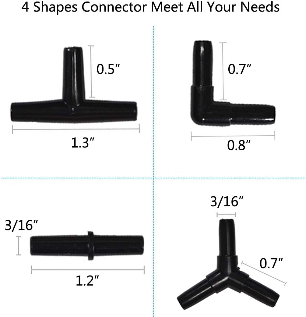 Aquarium 100 Feet Standard 3/16" Black Flexible Airline Tubing with Black Plastic Connectors for Fish Tank,Terrariums, and Hydroponics
