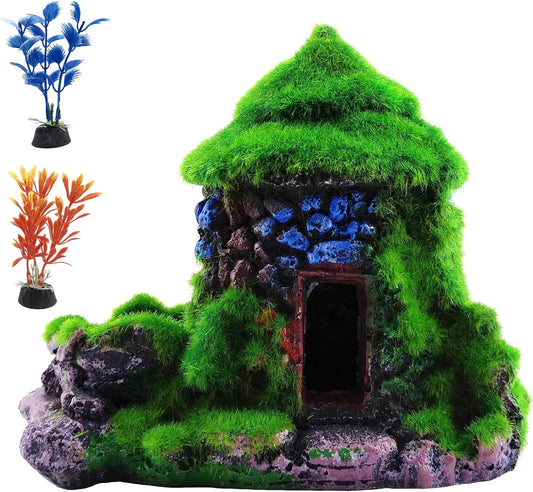 Aquarium Decorations Fish Hideout House Betta Cave with Green Lifelike Moss (Style 1)