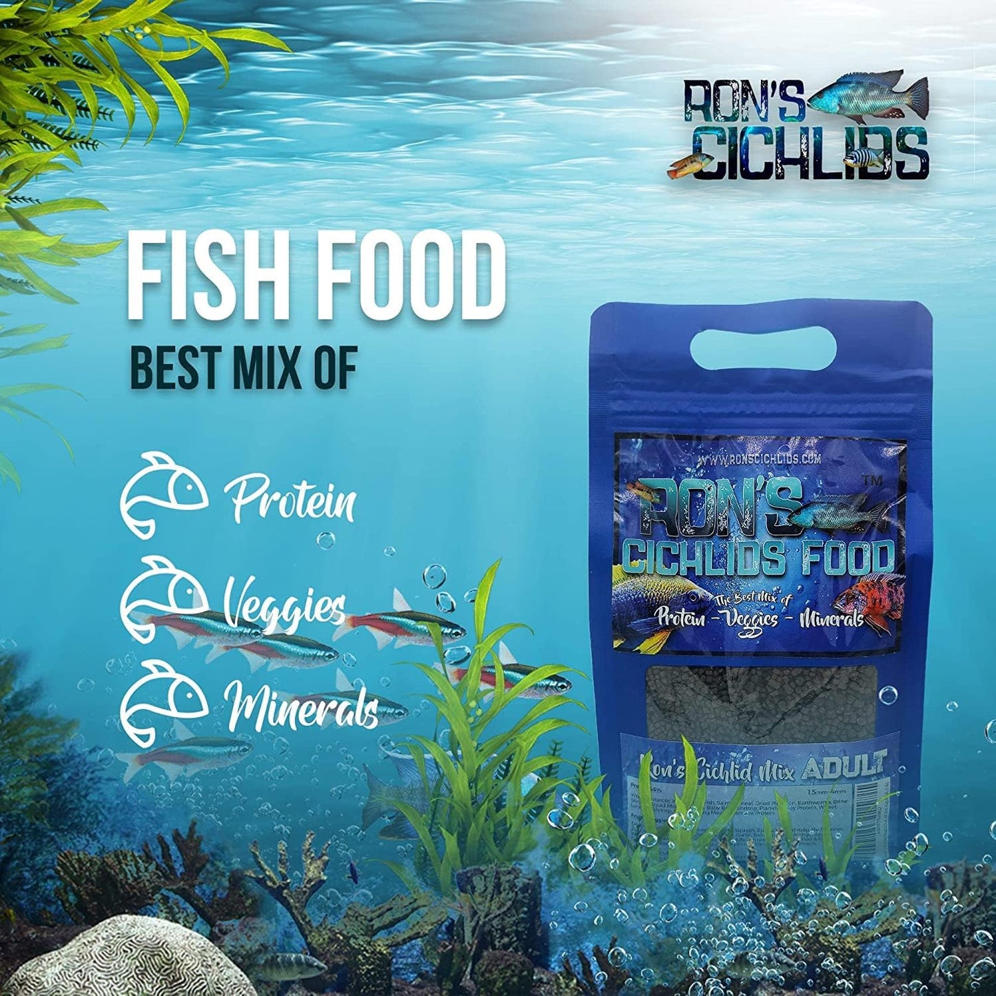 African Cichlid Fish Food, Premium Tropical Fish Food Pellets with Protein, Veggies & Fruits for Healthier, Brighter & Bigger Tropical Fish & Cleaner Tanks, Mbuna Blend, 8 OZ
