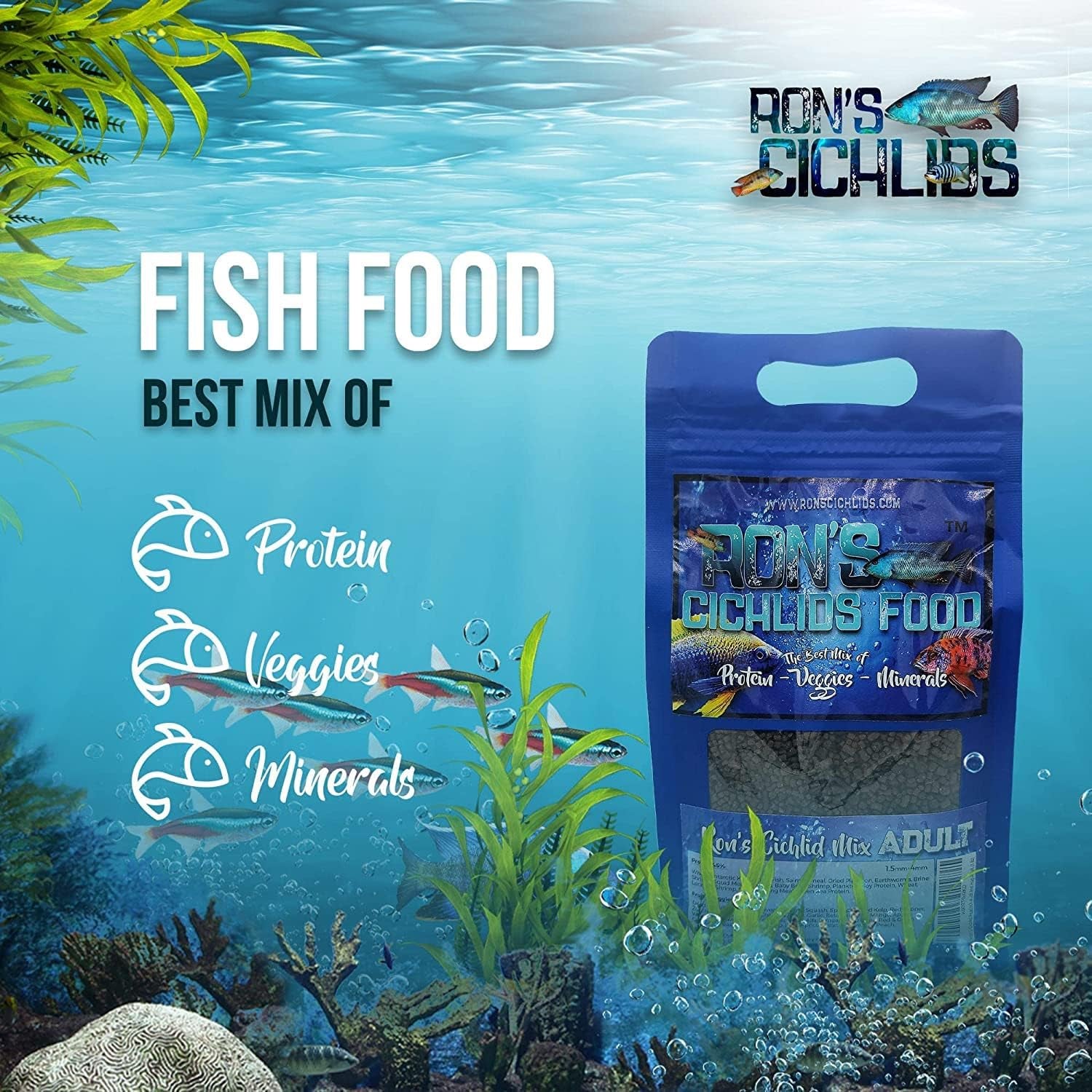 African Cichlid Fish Food, Premium Tropical Fish Food Pellets with Protein, Veggies & Fruits for Healthier, Brighter & Bigger Tropical Fish & Cleaner Tanks, Mbuna Blend, 8 OZ