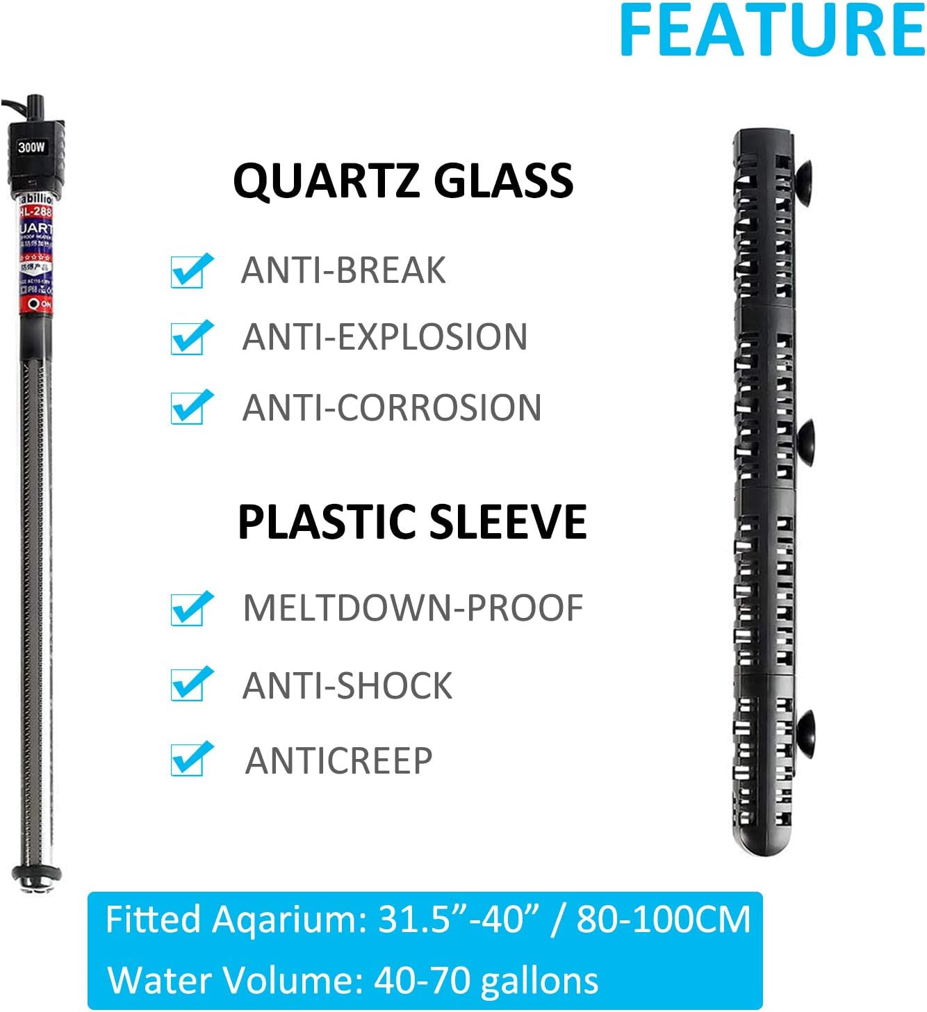 100W/300W/500W Aquarium Heater Submersible 10-90 Gallon 300 Watt Fish Tank Heater with Durable Quartz Glass Protective Sleeve Auto Thermostat for Fresh Water and Salt Water