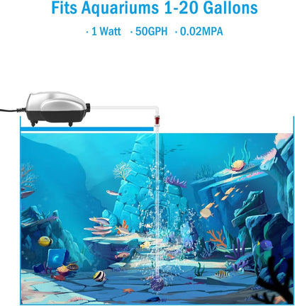 Air Pump for Fish Tank Bubbler Aerator, Quiet All-In-One Aquarium Pump