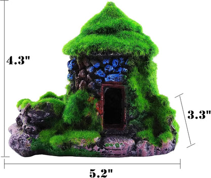 Aquarium Decorations Fish Hideout House Betta Cave with Green Lifelike Moss (Style 1)