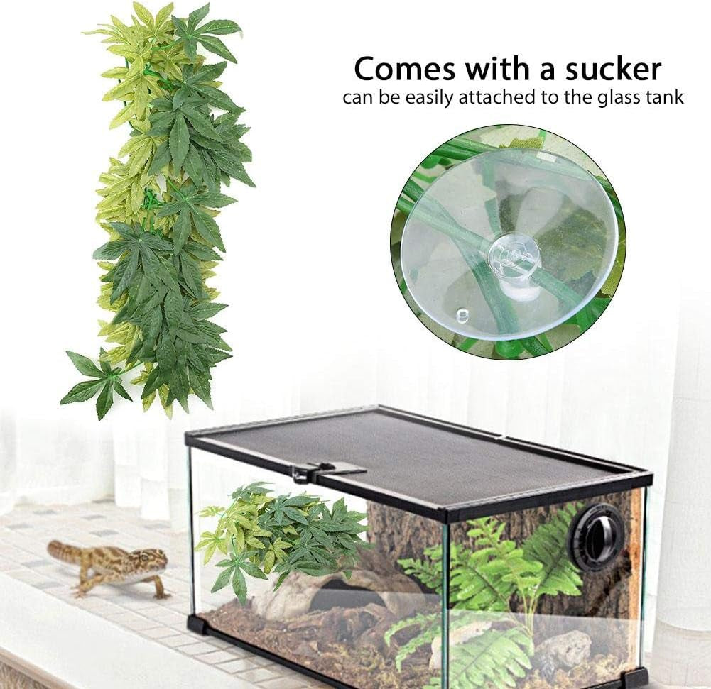 Reptile Vines,Reptiles Artificial Vine Plastic Fake Hanging Leaves Green Simulation Plant Reptile Terrarium Decor Aquarium Fish Tank Ornament with a Sucker(50Cm)