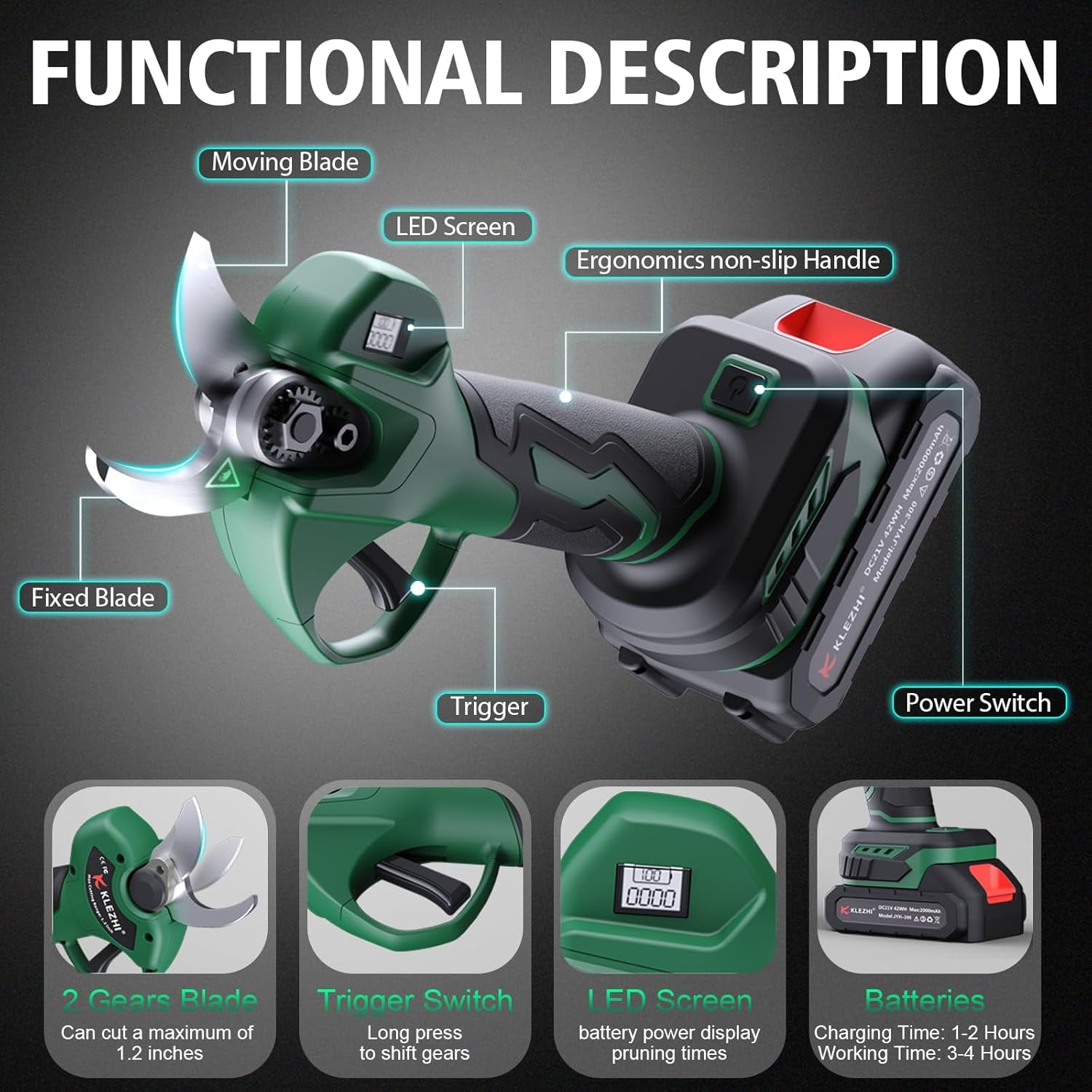 Cordless Electric Pruning Shears with 2×21V 2000Mah Batteries & LED Display, 1.2" Rechargeable Garden Pruning Shears for Thick Branches, Professional Landscaping Tools