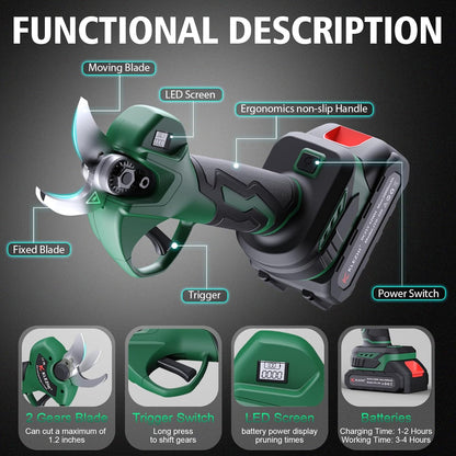 Cordless Electric Pruning Shears with 2×21V 2000Mah Batteries & LED Display, 1.2" Rechargeable Garden Pruning Shears for Thick Branches, Professional Landscaping Tools