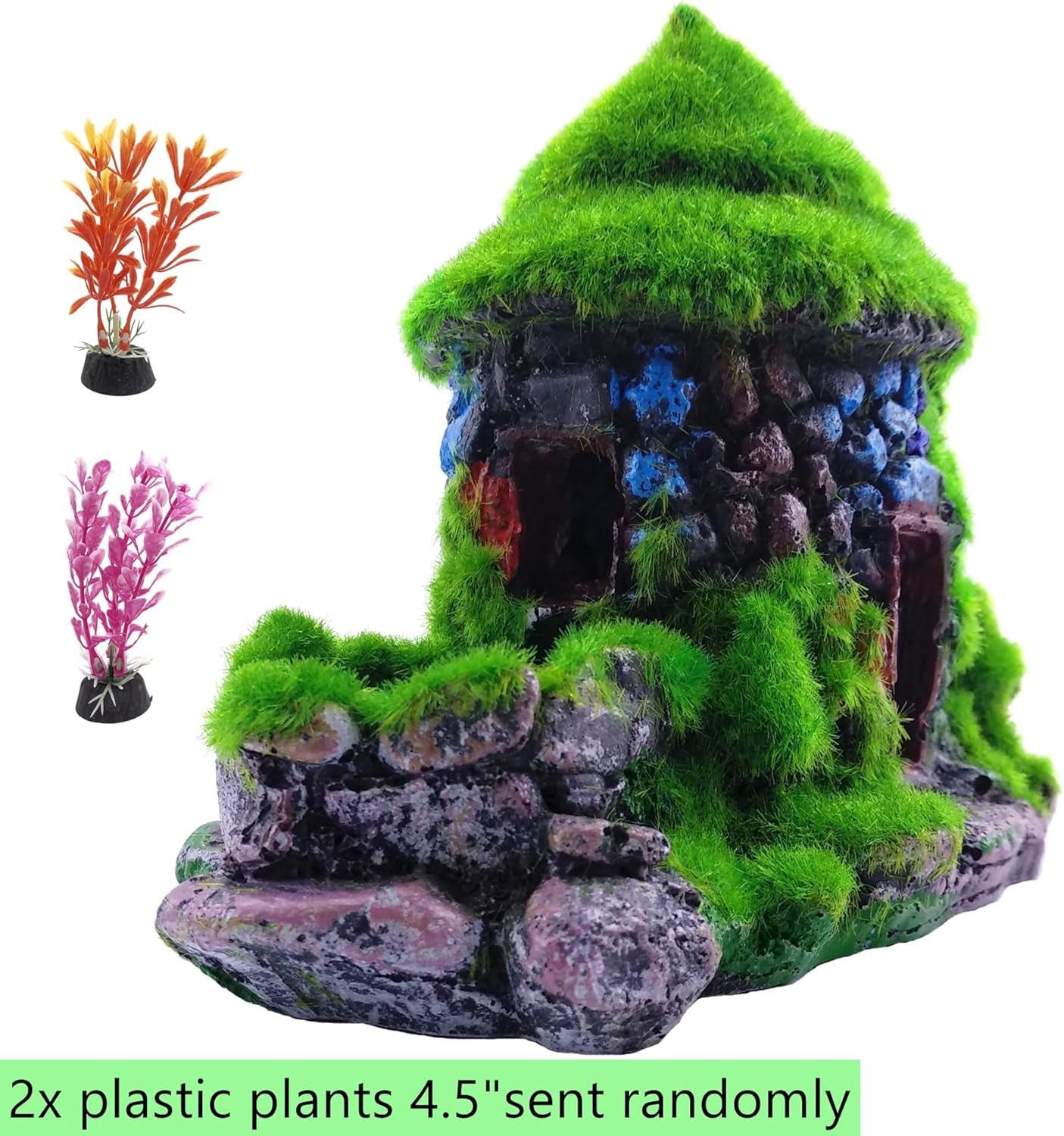 Aquarium Decorations Fish Hideout House Betta Cave with Green Lifelike Moss (Style 1)