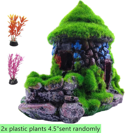 Aquarium Decorations Fish Hideout House Betta Cave with Green Lifelike Moss (Style 1)