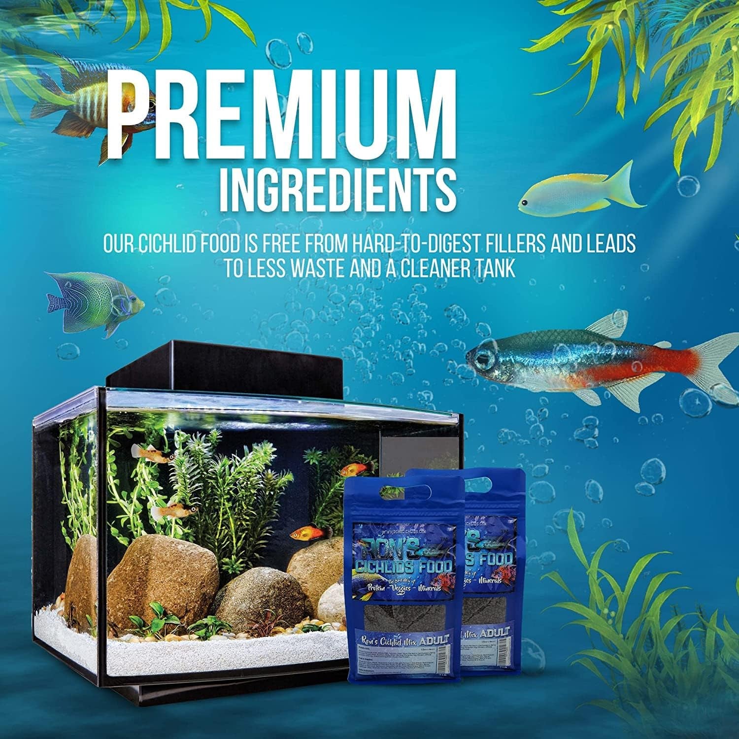 African Cichlid Fish Food, Premium Tropical Fish Food Pellets with Protein, Veggies & Fruits for Healthier, Brighter & Bigger Tropical Fish & Cleaner Tanks, Mbuna Blend, 8 OZ