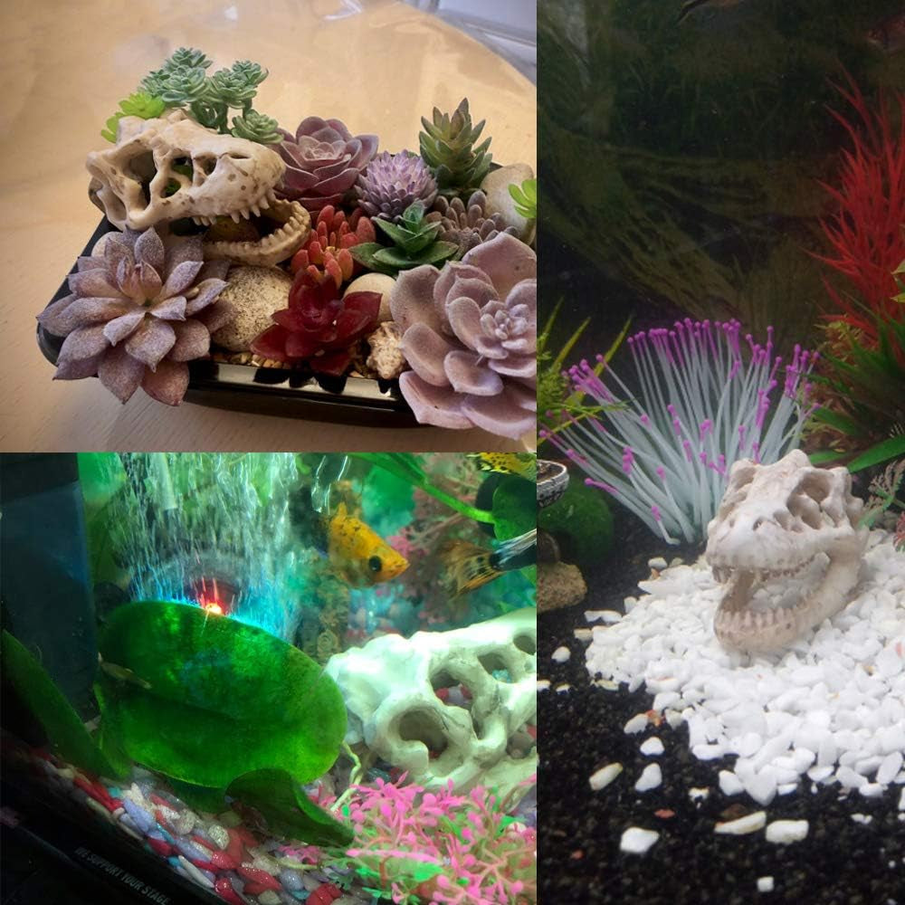 Resin Dinosaur Skull Aquarium Ornament Mini Dinosaur Tank Decoration Betta Fish Small Dinosaur Skull Fish Reptile Tank with Holes Aquarium Landscape Reptile Hideout Caves